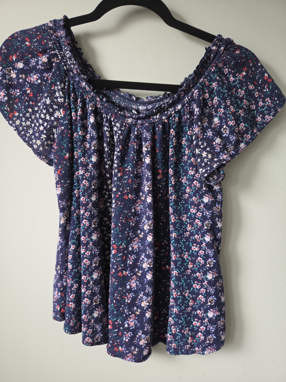 Navy Floral Smocked Neck Off-Shoulder Tunic Top